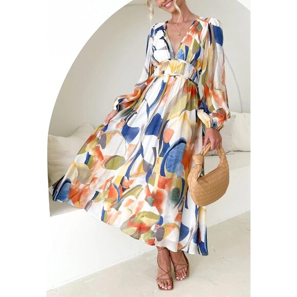 Women's Boho Floral Maxi Dress Long Sleeve Summer Fall Wedding Guest - Picture 2 of 5